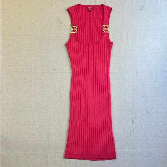 Guess Dresses & Skirts - GUESS Hot Pink Ribbed Bodycon Dress Gold Logo Hardware Size S